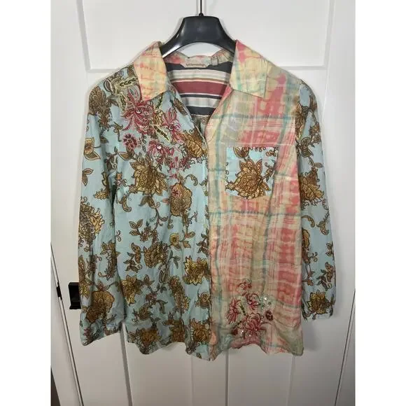 Soft Surroundings Boho Long Line Embroidered Floral Cotton Shirt Tunic Size L - Picture 4 of 8